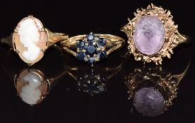 Three 9ct gold rings including cameo, sapphire and amethyst, 7g, size I