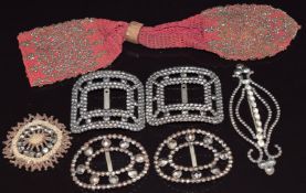 Two set of Victorian cut steel buckles, miser purse, and section of brooch set with paste and cut