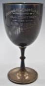 George V hallmarked silver trophy cup or goblet, with Hereford Corn Trade Golf Club inscription,