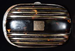 Late 19th/early 20thC French gold inlaid metal bound piqué purse with unusual relief moulded ribbed,