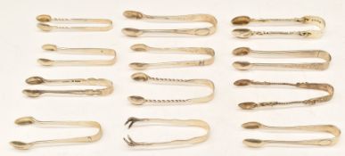 Twelve various sets of hallmarked silver sugar tongs including apostle examples, weight 244g