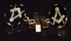 A pair of 9ct gold cufflinks set with onyx and Masonic symbol to each, 7.1g