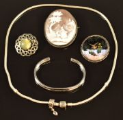 Scottish silver brooch by WBs, silver Pandora necklace, silver bangle, silver brooch set with a