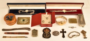 A collection of items including two ladies silver watches by Brooks & Bentley, a brass seal and