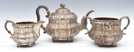 Georgian and Victorian Irish hallmarked silver three piece teaset comprising teapot, sugar bowl