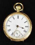 Omega 18ct gold keyless winding open faced pocket watch with subsidiary seconds dial, gold hands,