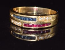 An 18ct gold ring set with square cut sapphires and rubies and round cut diamonds, 4g, size O