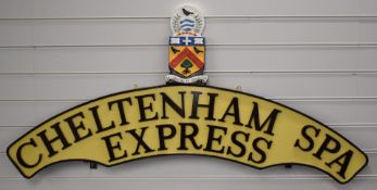 The Cheltenham Spa Express, steam locomotive or similar replica headboard with coat of arms above,