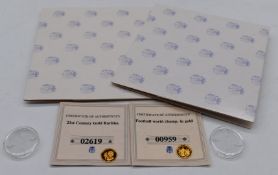 Two proof gold miniature commemorative coins, one for Football World Championship, the other for