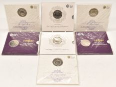 Seven Royal Mint brilliant uncirculated £5 coins comprising two 2015 Longest Reigning Monarch, two