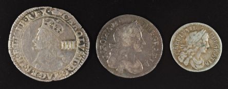 Charles II groat, issue 3 1660-2, Seaby 3324 together with a 2d 1677, Seaby 3388 and a 4d milled