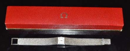 Omega 9ct white gold ladies wristwatch ref. 711.5698 with two-tone hands and baton hour markers,