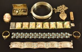 A silver bangle, silver bracelets, rolled gold locket, studs, rings, etc