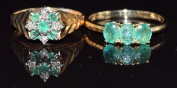 Two 9ct gold rings set with emeralds and diamonds, 4.7g, size P