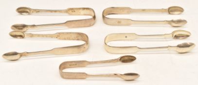 Five various sets of mainly 19thC Fiddle pattern sugar tongs, length of longest 15cm, weight 221g