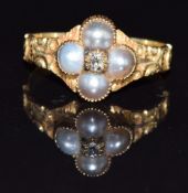 Victorian mourning ring set with split pearls and diamond, in vintage box, 2.3g, size I