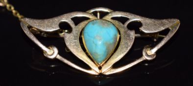 Art Nouveau 15ct gold brooch set with a turquoise cabochon, 4.6g, 3.8cm