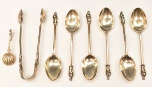 Set of six hallmarked silver apostle teaspoons and matching tongs, London 1902 and 1905, maker