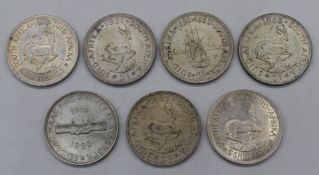 Seven South African silver five shilling coins, 1948, 1949, 1951, 1952, 1953, 1958 and 1960