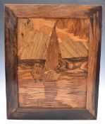 Arts & Crafts marquetry panel depicting a sailing boat, after William Chase for The Rowley