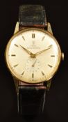 Tudor 14ct gold gentleman's wristwatch with subsidiary seconds dial, gold hands and baton markers,