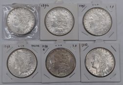 Six USA Morgan silver Dollars comprising 1890, 1896, 1897, 1898 and 1899 New Orleans and a 1900