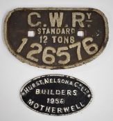 GWR 12 ton wagon plate number 126576, width 28cm, together with a Hurst, Nelson & Co. Ltd Motherwell