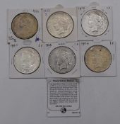 Six USA silver Dollars comprising a 1921 San Francisco Morgan and five Peace examples, 1922, 1923,