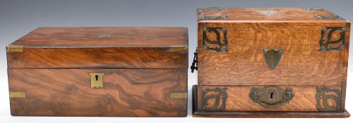 Walnut writing slope and oak stationery box, the opening of the drawer pivoting the letter rack to