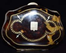 Late 19th/early 20thC French gold inlaid brass bound piqué purse with scrolling dot/vacant cartouche