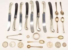 Hallmarked silver spoons and a napkin ring, weight 120g, 1901 Victorian silver crown, 1889 Liberty