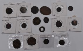 A small collection of Roman coins, a Jeton etc