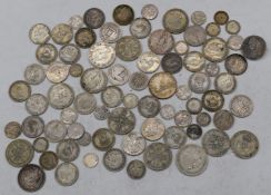 Approximately 425g of mixed silver coinage includes George II brooch shilling, Victorian love