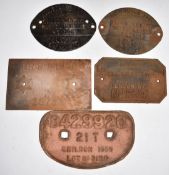 Five cast iron railway wagon plates comprising Scottish Region BR, two Midland Region BR, Shildon