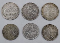 Six Edward VII Straits Settlement silver trade Dollars, 1903, 1904, 1907 and 1908
