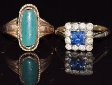 Victorian 9ct gold ring set with a glass cabochon and a 9ct gold ring set with paste, 5g, size H &