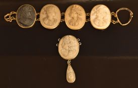 A section of 19thC bracelet set with four lava cameos and a lava cameo pendant