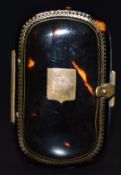 Late 19th/early 20thC French gold inlaid piqué purse with fitted purple silk interior, the brass