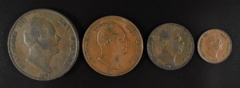 Four copper coins of William IV comprising an 1831 penny (fair), 1831 halfpenny (GVF), 1837 farthing