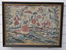18th or 19thC tapestry depicting possible King and Queen figures in a garden including birds