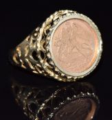 A 9ct gold ring set with a fine gold 1/20 ounce Angel coin, 4.5g, size P