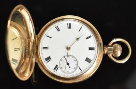 Waltham gold plated keyless winding full hunter pocket watch with inset subsidiary dial, gold hands,