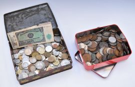 A collection of UK and overseas coinage contained in vintage tins