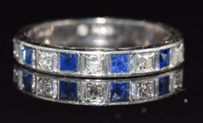 Art Deco 18ct white gold half eternity ring set with square cut sapphires and round transitional cut