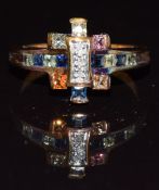 A 9k gold ring set with multi-coloured sapphires and diamonds, 3.5g, size N