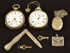 A collection of silver including two pocket watches, stamp holder, locket and penknife