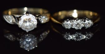 An 18ct gold ring set with three diamonds and a 9ct gold ring set with paste, 3.1g, size I