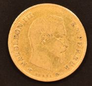 Napoleon III 1859 gold 10 Franc coin, 3.2g