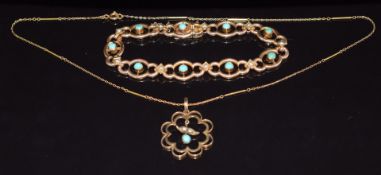 Edwardian 15ct gold bracelet set with turquoise and seed pearls (18cm long, 13.6g) together with a