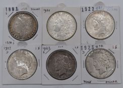 Six USA silver Dollars comprising an 1881 Morgan San Francisco example together with a 1921 Morgan